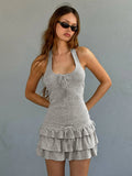 Frill Mini Dress For Women Plunge Halter Neck Cake Dress Fashion Summer Slim Casual Club Party Dress Hit Girl Summer New
