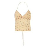 Floral Embroidered V Neck Bustier Crop Tops Y2K Backless Strappy Tie-up Halter Camis Fairy Coquette Ruffle Trim Sleeveless Vest