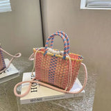 Pbong  Fashion Colorful Woven Mini Tote Bag with Drawstring Closure Lightweight Large Capacity Crossbody Purse for Summer Beach Outings