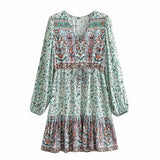 Pbong  Pink Vintage Floral Dresses for Women Boho Hippie Mini V-neck Sexy Button Front Long Sleeve Ruffles Dress New