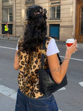 Leopard Print Sleeveless Street Women's Vest Fashion V-neck Slim Fit Short Waistcoat Casual Lady Autumn Commute Outerwears