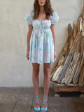 Pbong  Floral Casual Chic Mini Dress Puff Sleeve Blue Summer Backless Sexy Holiday Women Ladies Party Ruffles Dresses Vestido