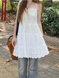 Pbong  White Lace Embroidery Hollow out A-Line Dress Korean Style Slimming Layering Belted Skirt High Waist Commute Style Spring Casual