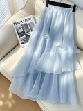 Chic Ruffles Chiffon Long Skirt Women High Waist Elegant Fashion Sweet Skirts Korean Casual Soft Female Blue Long Skirt New