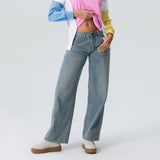 Women Jeans Low Waist Solid Color Wide Leg Straight Trousers with Pockets for Daily Streetwear Fashion Denim Pants