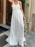 Pbong  Women White Long Dress Lace Trim Tie-up V Neck Sleeveless Ruffle Loose Tank Dress for Evening Party Club Bohemian Summer