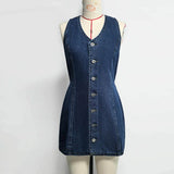 Pbong  Back Tie Sleeveless Denim Mini Dress Deep V Neck  Adjustable Waist Spring Summer Picnic  Lady Women Retro Preppy Outfit