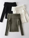 Autumn Winter Solid Color Rib Knitted Off the Shoulder Pullover Sweater Sexy Women Full Sleeve Slim Stretch Knitwear Jumper