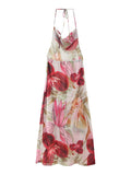 French Fashion Beading Embroidered Chiffon Slip Dress Vhalter Neck Backless Flower Print Vacation Beach Summer Women Dress
