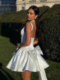  New Sexy Satin Big Bow Skinny Strap Mini Dress Fashion Women Backless High Waist Pleated Dresses Trendy Lady Prom Clubwear