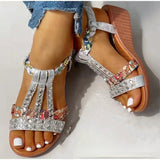 Women Wedge Sandals Summer  Bohemia Casual High Heels Sandals Fashion Female Peep Toe Rhinestones Outdoor Beach Shoes