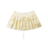 Pbong  Women Yellow Black Y2K Lace Mini Skirt Sexy Low Waist Side Zipper A-line  Layered Summer Skirts With Short Lining