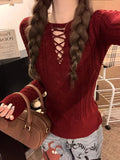 Half Lace Up Sweater for Women Long Sleeve Slim Fit Knitted Tops Pullovers Femal Lace-up Jumper Autumn Winter Y2K Outfit