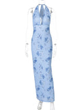 Summer Backless Print Maxi Dress Women Beach Holiday Gown Elegant Halter Deep V Neck Sleeveless Bodycon Long Dress