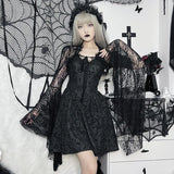 Vintage Gothic  Black Lace T-shirt Women Streetwear Flare Sleeve See Through Sexy Smock  Top Elegant Aesthetic Cropped Tops