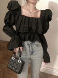 Preppy Youthful Elegant Cropped Blouses Women Korean Dongdaemun Puff Long Sleeve Ruffle Top Luxury High Quality 2024