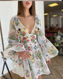 Pbong  Elegant Lace Embroidery Design Lantern Sleeve Fairy Dress Birthday Party Gown Sweet Princess Style High Waist A-Line Skirt