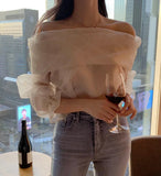 Pbong  Slash Neck Long Sleeve Shirt Women Elegant Off Shoulder Korean Chic Blouse See Through All-match Tops