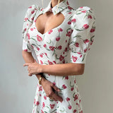 Pbong  Floral Print Long Dress For Women Puff Sleeve Hollow Out Lace Patchwork High Waist Dress Lady Sexy Elegant Holiday Dress