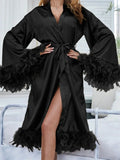 Pbong  Women Satin Robe Sleepwear Solid Color Casual Feather Trim Long Sleeve Pajama Dress Ladies Loungewear Nightwear Bathrobe
