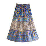 Pbong  Blue Floral Print Midi Skirt Spliced Ruched Ruffle Hem Hippie Women Tassel Bow Elastic Waist Swing Skirts Holiday