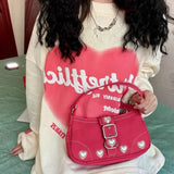 Rose Red Women Heart Goth Shoulder Bag Lolita Y2K Cool Girls Underarm Bag Vintage Harajuku Female Chain Pouch Crossbody Bags