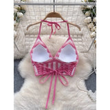 Beach Vacation Style Cami Top Women Design Sense Color Blocking Hook Flower Slim Fit Camisole Short Sexy Exposed Navel Crop Tops
