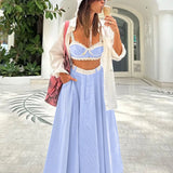 Lace Patchwork Camisole Vest + A-line Skirt Hot Girl Set Women's High Waist Skirt Bras Sweet Blue Beach Summer Two-piece Set