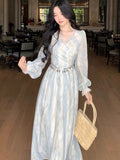 Women Elegant Blue Tie-Dye Dress  Autumn Fairy V-Neck Long Dress French Party Prom Evening Clothing New Holiday Outfits Vestidos