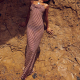 Fashion Striped Printed Beach Dress Women Sexy Mesh See Through Long Dress Summer Spaghetti Strap Slim Evening Party Dress