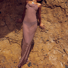 Fashion Striped Printed Beach Dress Women Sexy Mesh See Through Long Dress Summer Spaghetti Strap Slim Evening Party Dress