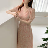 Pbong  Ele V-ne Bubble Sve Chiffon Dr Women's Mid-length Skirt Slimming Waist Cross Design Summer Commute Sle Floral P...