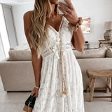 Pbong  Women's V-neck Slim Shoulder Strap Sun Skirt Hook Flower Hollow Out Elegant Women's Vacation Bohemian Style Lace Dress