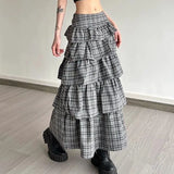 Vintage Plaid Skirt Women Preppy Style Sweet Ruffle Cake Long Skirt Harajuku Fashion Patchwork Layered Skirts Street