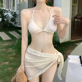 Pbong  New Swimsuit Women's Split Bikini 4 Piece Set Mesh Sunscreen Long Sleeved Shawl Wrapped Hip Gauze Skirt Vacation Beach Swimwear