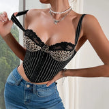 Pbong  High Street Euramerican Sexy Loow Bust Camisole Y2k Exquisite Spliced Lace Punk Leopard Print Women Clothes Striped Tank Tops