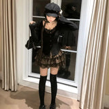 Autumn Winter American Vintage Spliced Girl Tops with Scarf Japan High Street Y2k Aesthetic Tiered Skirt Harajuku Punk Moda Sets