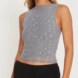 Silver Foil Print Tank Tops Summer Sleeveless Bodycon Shirt Vest Ladies O Neck Slim Fit Crop Tops Women Casual Going Out Clothes