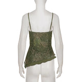 Pbong  Women's Vintage Style Floral Print V-Neck Camisole Summer Asymmetry Design Mesh Patchwork Double Layers Mini Sleeveless Tops New