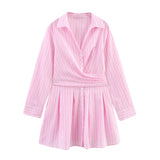 French Fashion Striped V-neck Long Sleeve Short Dress Chic Loose Single Breasted Pleat Summer Dress New Female Clothing