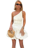 Knit One Shoulder Mini Dress Women Casual Slim White Sleeveless Female Dresses Spring Summer Elegant Chic Fold Lady Vestido