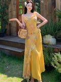 Women Holiday Beach Print Floral Ruffled Long Dress V Neck Sleeveless Spaghetti Strap Fairy Dress Elegant Evening Party Vestidos