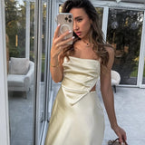 Light Yellow Party Long Dress Satin Sleeveless Slim Fashion Women Dress For Summer Sexy Backless Lace-up Woman Clothing
