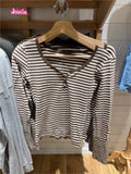 Vintage Brown Striped Slim T-shirts Women 2024 Summer Y2k Streetwear Round Neck Long Sleeve T Shirt Harajuku Casual Cotton Tops