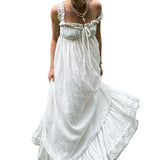 Pbong  Women White Long Dress Lace Trim Tie-up V Neck Sleeveless Ruffle Loose Tank Dress for Evening Party Club Bohemian Summer