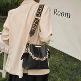 Pbong  Elegant Large Capacity Leather Bucket Bag with Chain Handle Scarf Detachable Wide Crossbody Bag Strap Fashion Shoulder Purse