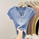 Summer V-Neck Short Sleeve Thin Tshirts Women Pastel Colored Button Knitted T-Shirts Teen-girl Stretch Fitted Tees Y2K Clothing