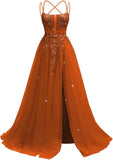 Pbong  Lace Applique Sparkly Tulle Prom Dresses for Women with Slit Spaghetti Straps Backless A Line Long Ball Gown
