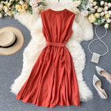 Pbong  Korean Fashion Women Dress Summer Casual Solid Sleeveless Sash Bandage Black Dress Vintage Elegant Lady Vestidos
