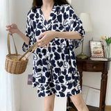 Pbong  Loose Floral Printing Pajama Set Summer New Women Night Wear Pj Set Half Sleeve Knee V-neck Sleepwear Femme Nightie